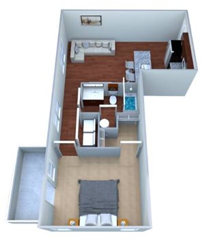 A 3D floor plan of a small apartment with a kitchen, living room, and bedroom.